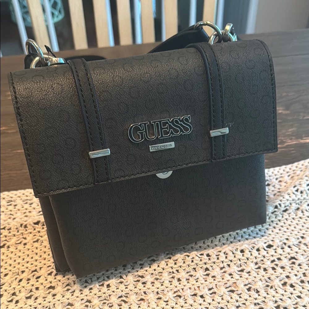 Guess Black Crossbody Bag with Flap Closure and Metal Hardware